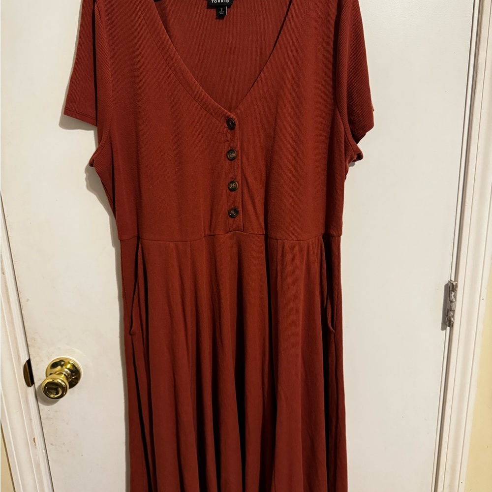 Torrid Brown and Orange Buttoned Pleated Midi Sundress